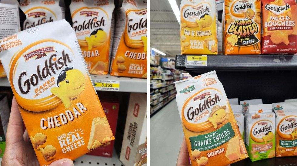 Sacs de Goldfish au Dollarama. Droite : Sacs de Goldfish au Walmart.