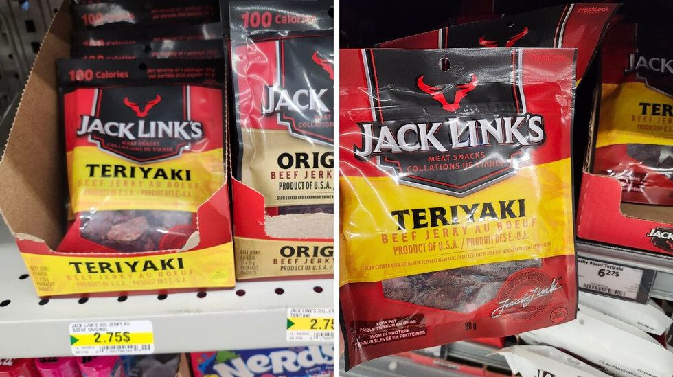 Sacs de Jerky au boeuf de Jack Link's vendus au Dollarama. Droite : Sacs de Jerky au boeuf de Jack Link's au Walmart.