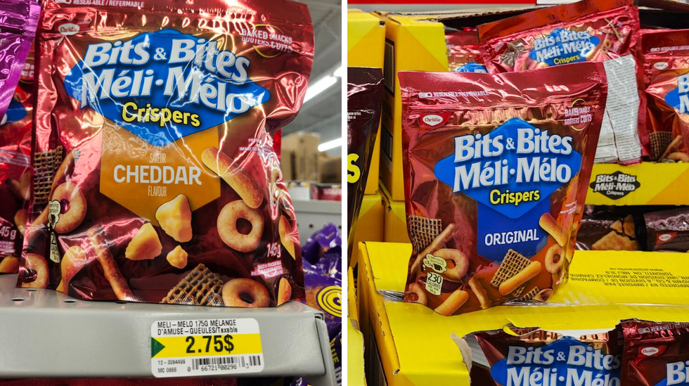 Sacs de M\u00e9li-M\u00e9lo Crispers Cheddar vendus au Dollarama. Droite : Sacs de M\u00e9li-M\u00e9lo Crispers Original vendus au Walmart.
