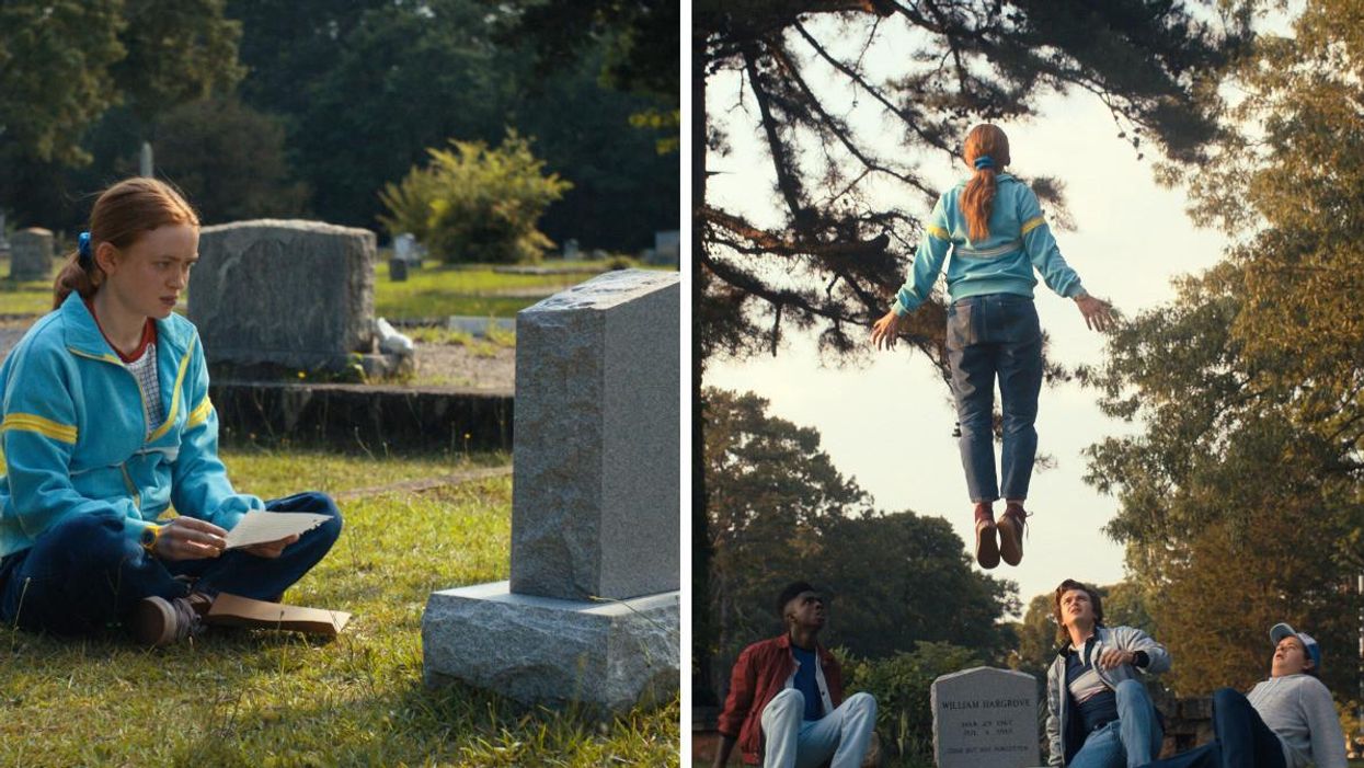 Sadie Sink as Max in Stranger Things 4. Right: Sadie Sink, Caleb McLaughlin, Joe Keery and Gaten Matarazzo.