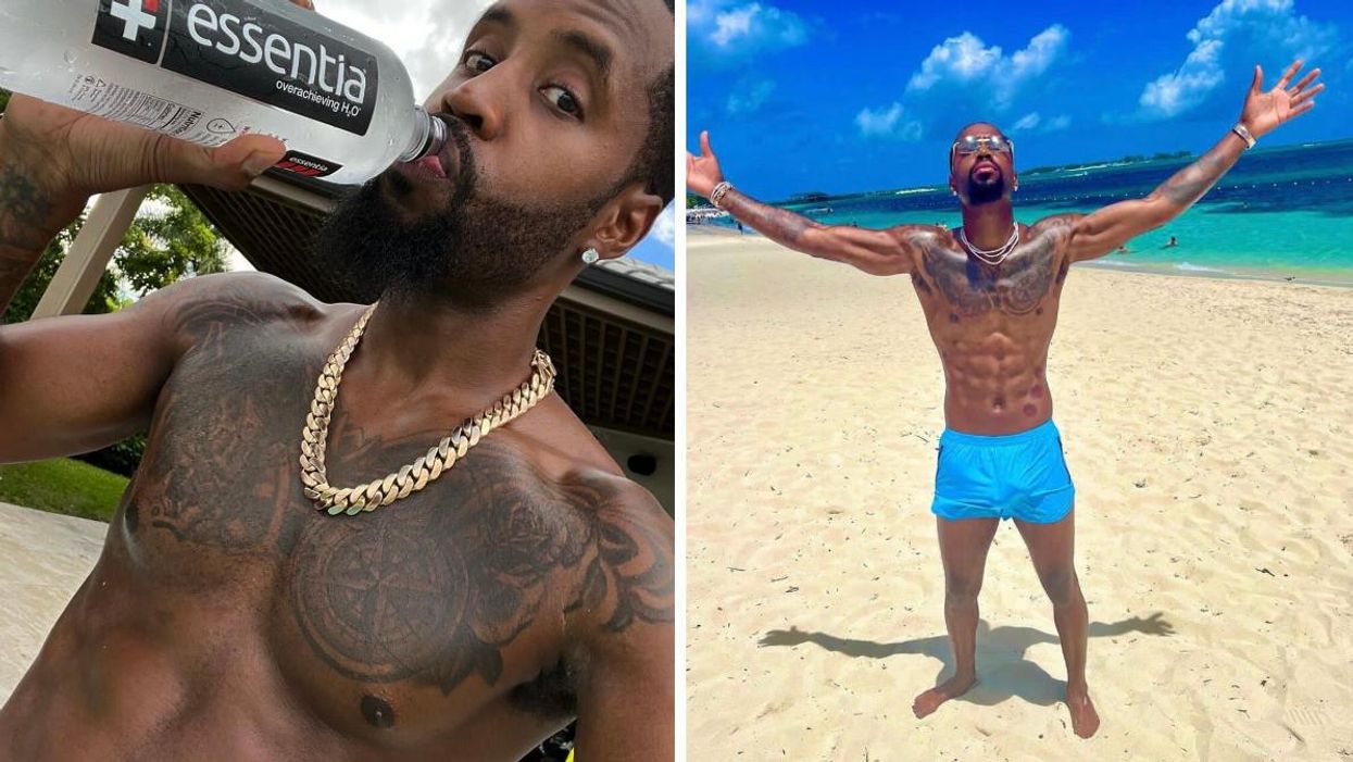 Safaree drinking a water bottle. Right: Safaree on a beach. 