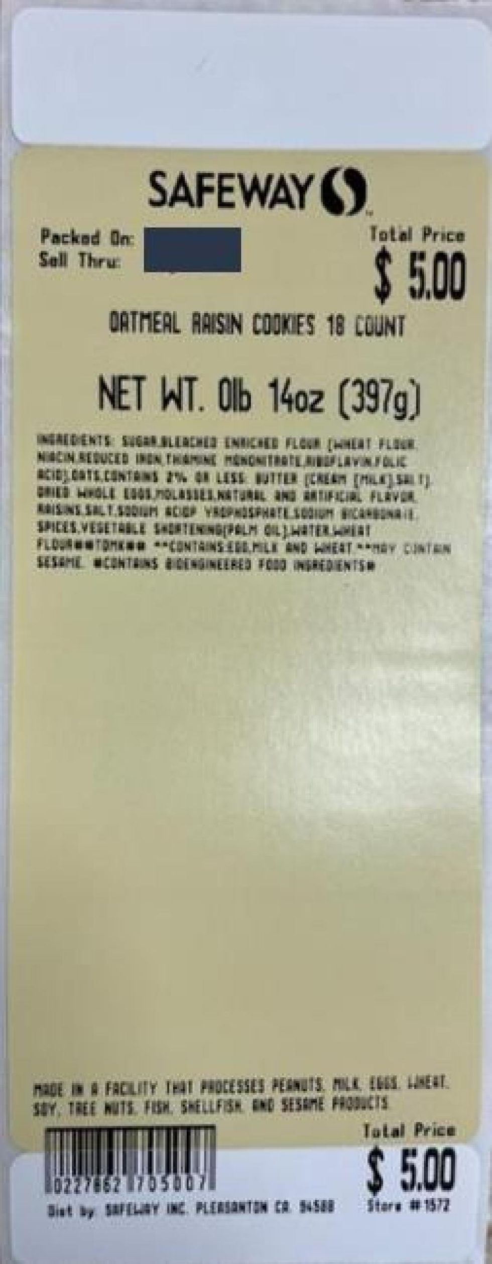 Safeway recalled cookies price sticker.