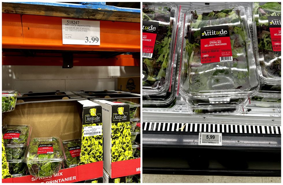 Salade m\u00e9lange printanier en vente au Costco. Droite : Salade m\u00e9lange printanier en vente au Maxi.
