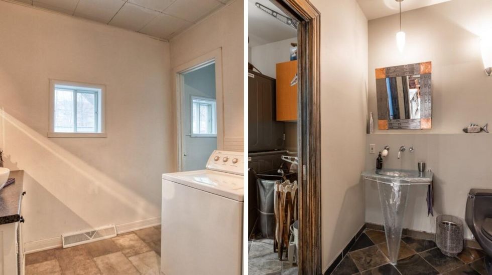 Salle de bain au 700, rue de Sienne, Trois-Rivi\u00e8res-Ouest. Droite : Salle de bain au 1575, rue Fran\u00e7ois-de Galifet, Trois-Rivi\u00e8res.
