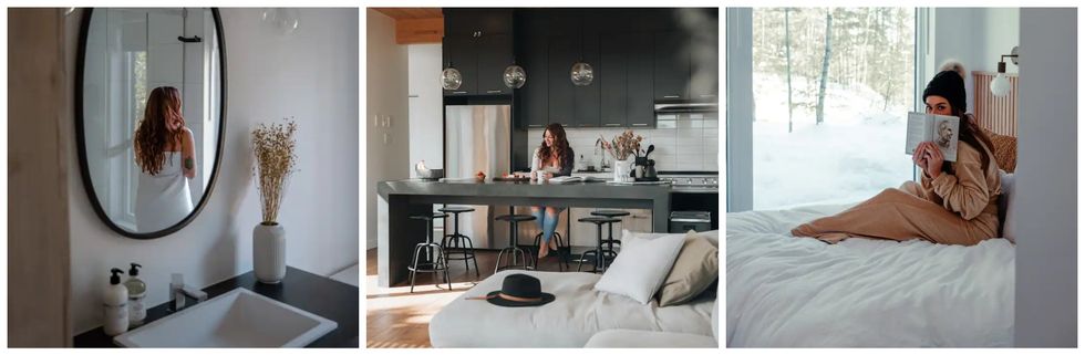 Salle de bain. Centre : Cuisine. Gauche : Chambre d'un Airbnb \u00e0 louer dans les Laurentides au Qu\u00e9bec.