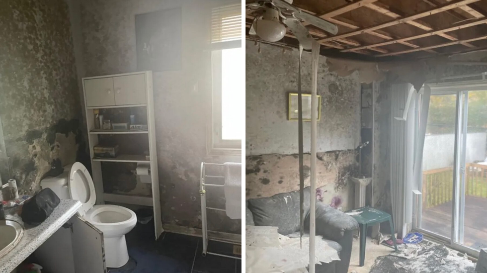 Salle de bain. Droite : Salon.