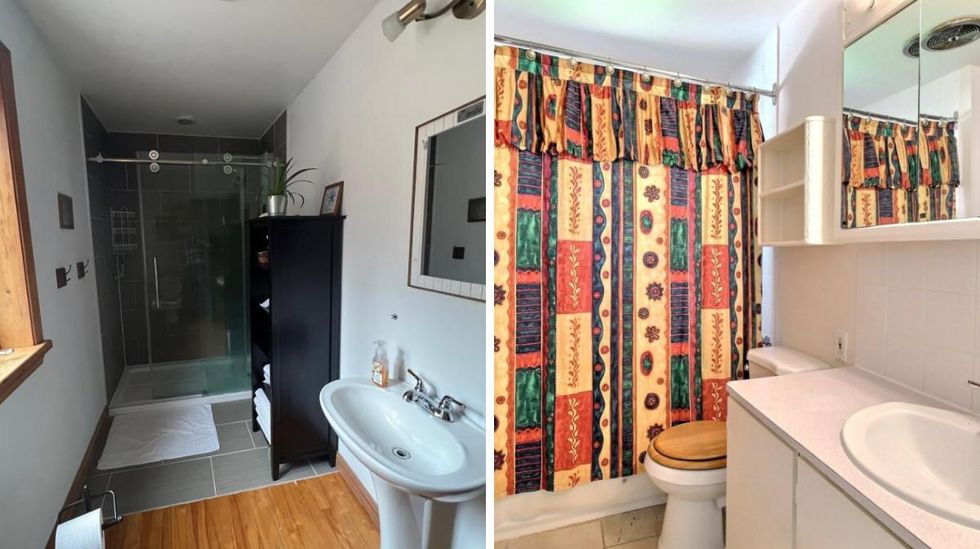 Salle de bain du 1353, chemin Verpaelst, Sherbrooke, QC. Droite : Salle de bain du 35, rue de la Butte, Sherbrooke, QC.