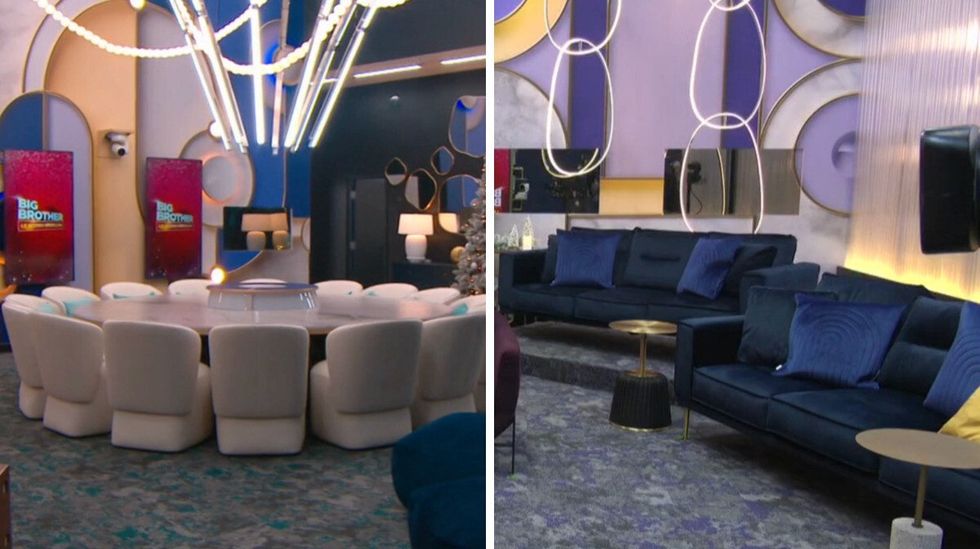 Salle \u00e0 manger avec 14 chaises blanche. Droite : Grand salon avec canap\u00e9s et coussins bleus.