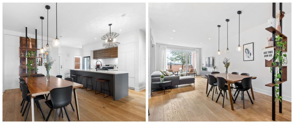 Salle \u00e0 manger et cuisine. Droite : Salle \u00e0 manger et salon.