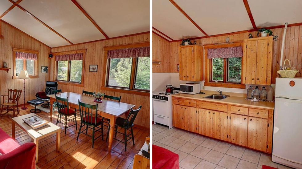 Salle \u00e0 manger et salon. Droite : Cuisine.