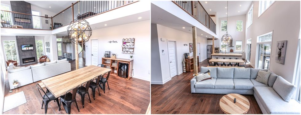 Salle \u00e0 manger et salon. Droite : Salon, salle \u00e0 manger et cuisine.