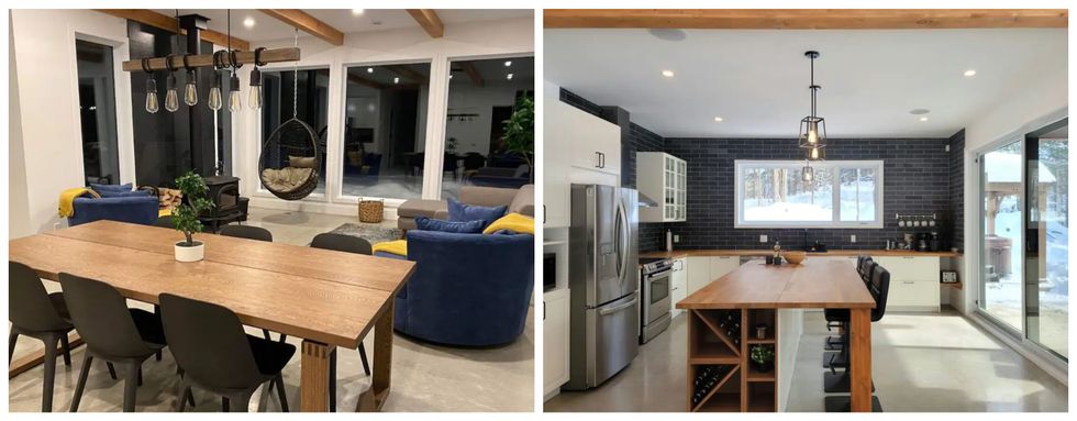 Salle \u00e0 manger et salon du Airbnb. Droite: Cuisine du Airbnb.