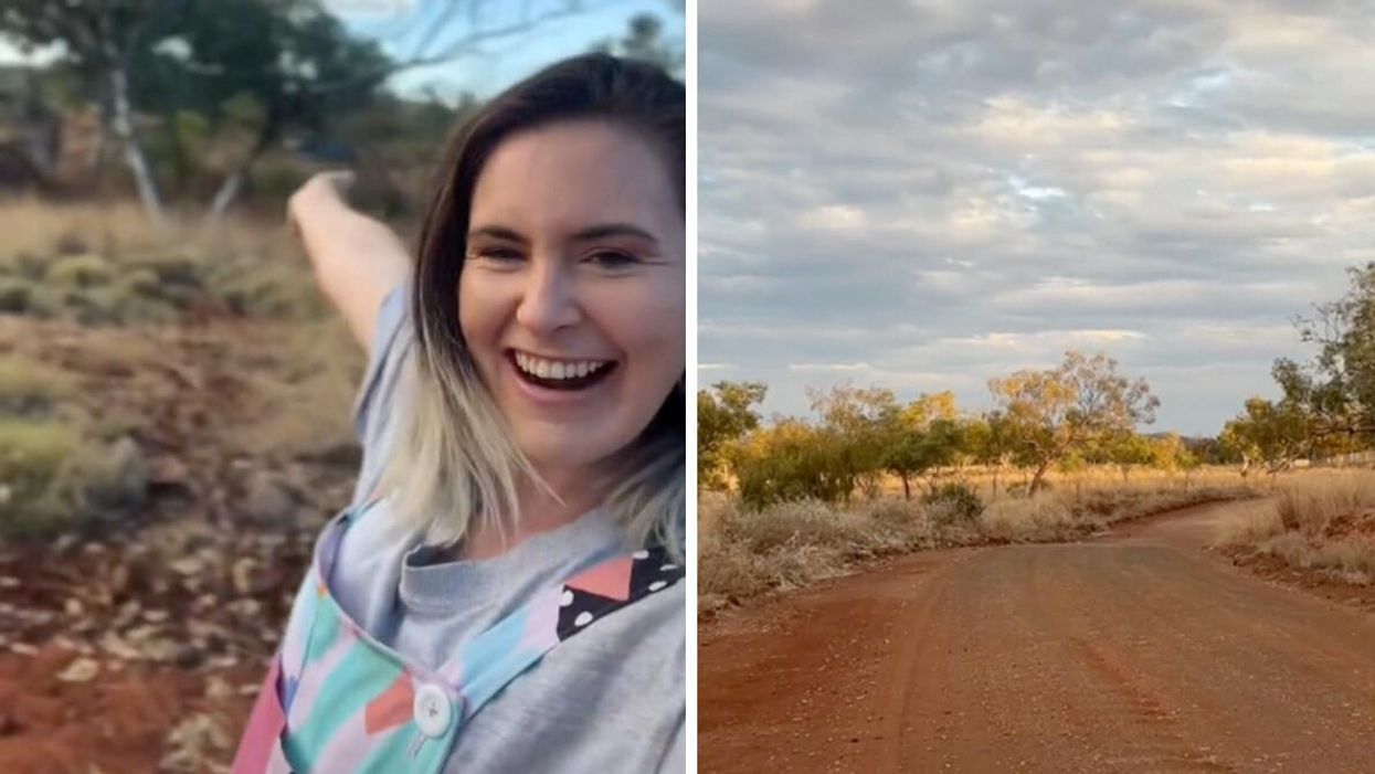 Sally Millar. Right: Sally Millar giving TikTokers a tour of the Australian outback.