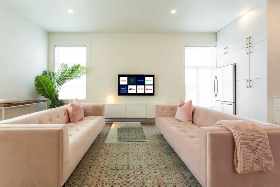 Salon d'un logement avec deux canap\u00e9s roses et un t\u00e9l\u00e9viseur.