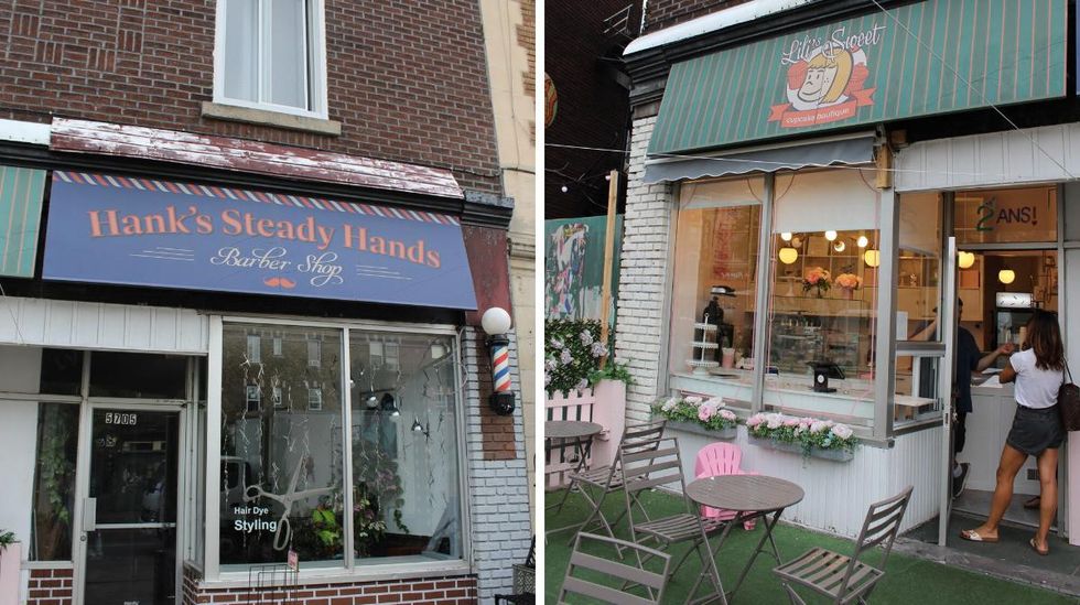 Salon de barbier new-yorkais \u00e0 Montr\u00e9al. Droite : Boutique de cupcakes new-yorkaise \u00e0 Montr\u00e9al.