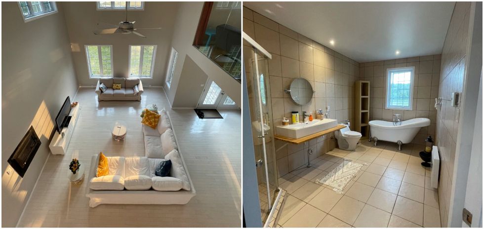 Salon. Droite : Salle de bain.