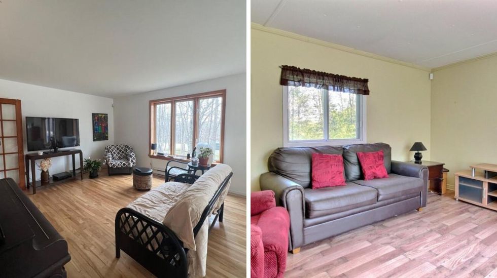 Salon du 1353, chemin Verpaelst, Sherbrooke, QC. Droite : Salon du 35, rue de la Butte, Sherbrooke, QC.