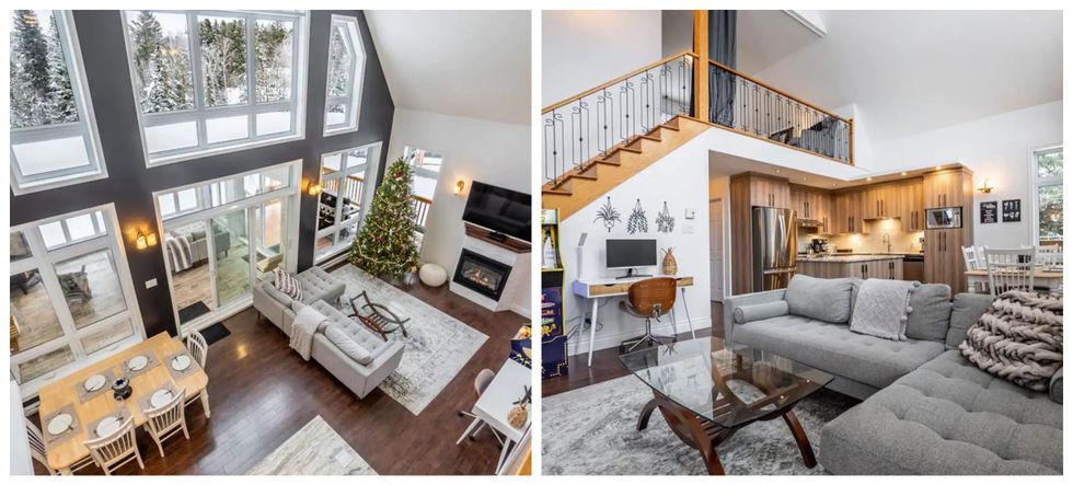 Salon et salle \u00e0 manger. Droite : Salon et cuisine.