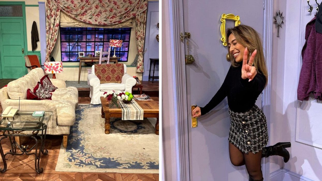 Salon similaire à celui de Rachel et Monica dans Friends. Droite : Femme devant une porte mauve.