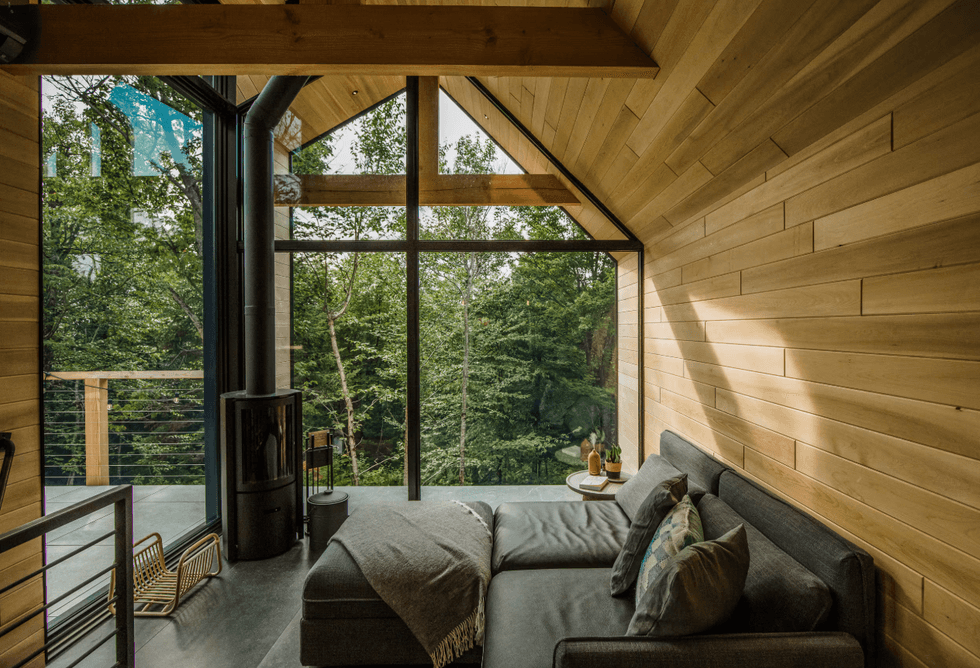 Salon sous un plafond cath\u00e9drale en bois avec un divan gris, un po\u00eale \u00e0 bois noir et une immense fen\u00eatre donnant sur la for\u00eat verdoyante