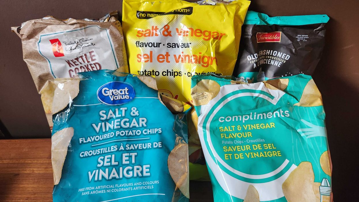 Salt and vinegar chips from various grocery store brands in Canada.