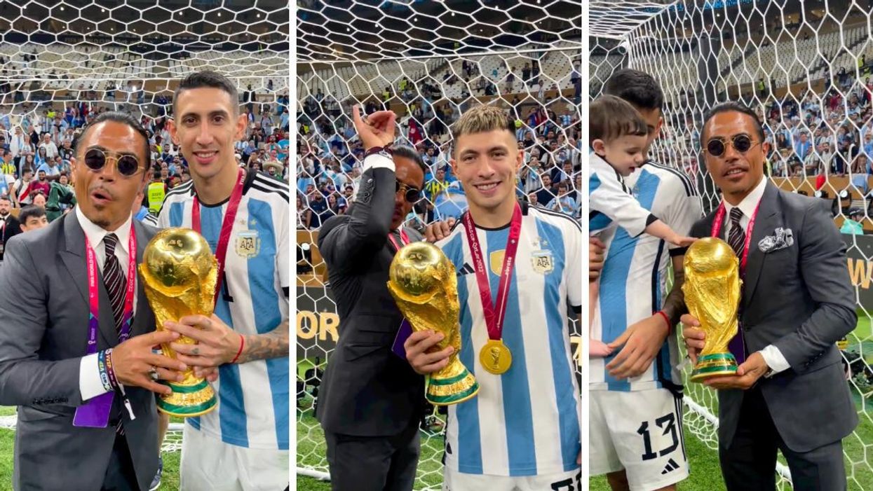 Salt Bae at the World Cup with Argentina's Angel Di Maria. Middle: Salt Bae with Lisandro Martinez. Right: Salt Bae with Cristian Romero.