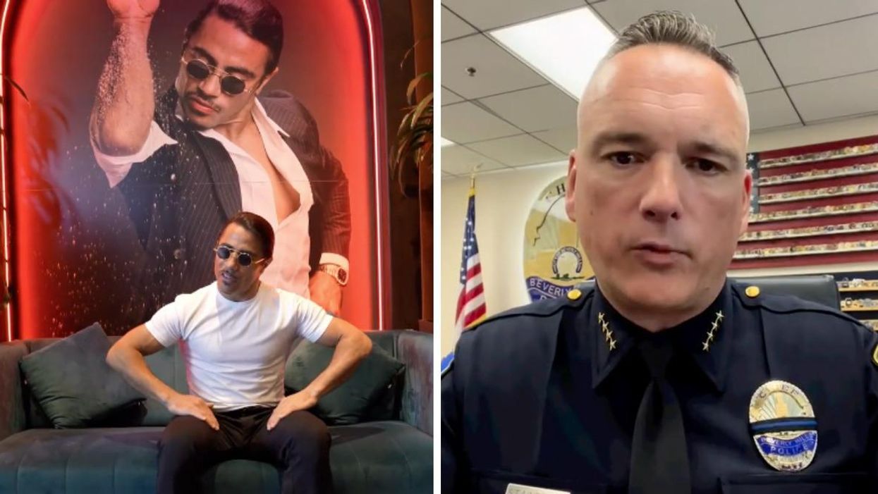 Salt Bae in front of a mural at his Beverly Hills steakhouse. Right: Beverly Hills Police Chief Mark G. Stainbrook.