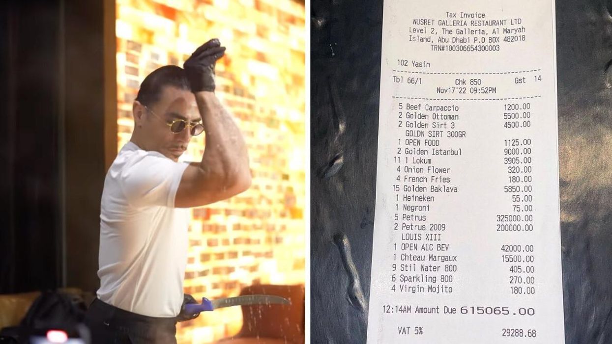Salt Bae. Right: A dinner receipt from Salt Bae's Nusr-Et Restaurant.