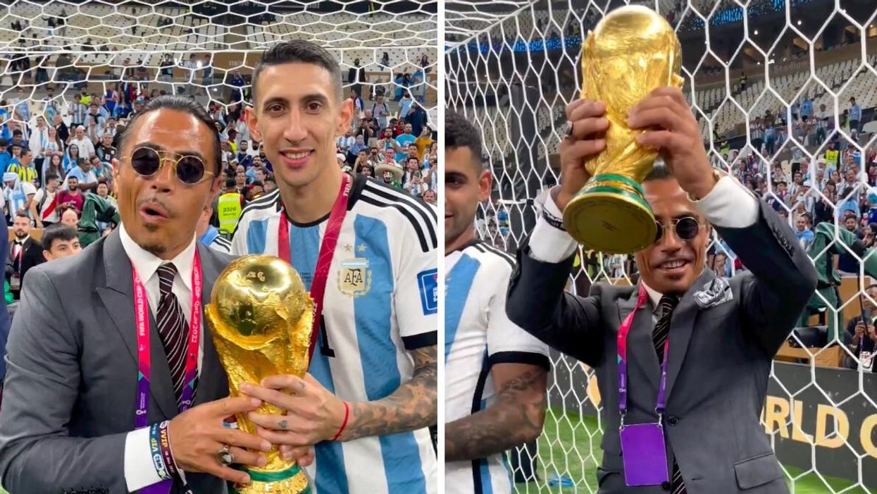 Salt Bae with Angel Di Maria. Right: Salt Bae with the World Cup trophy.