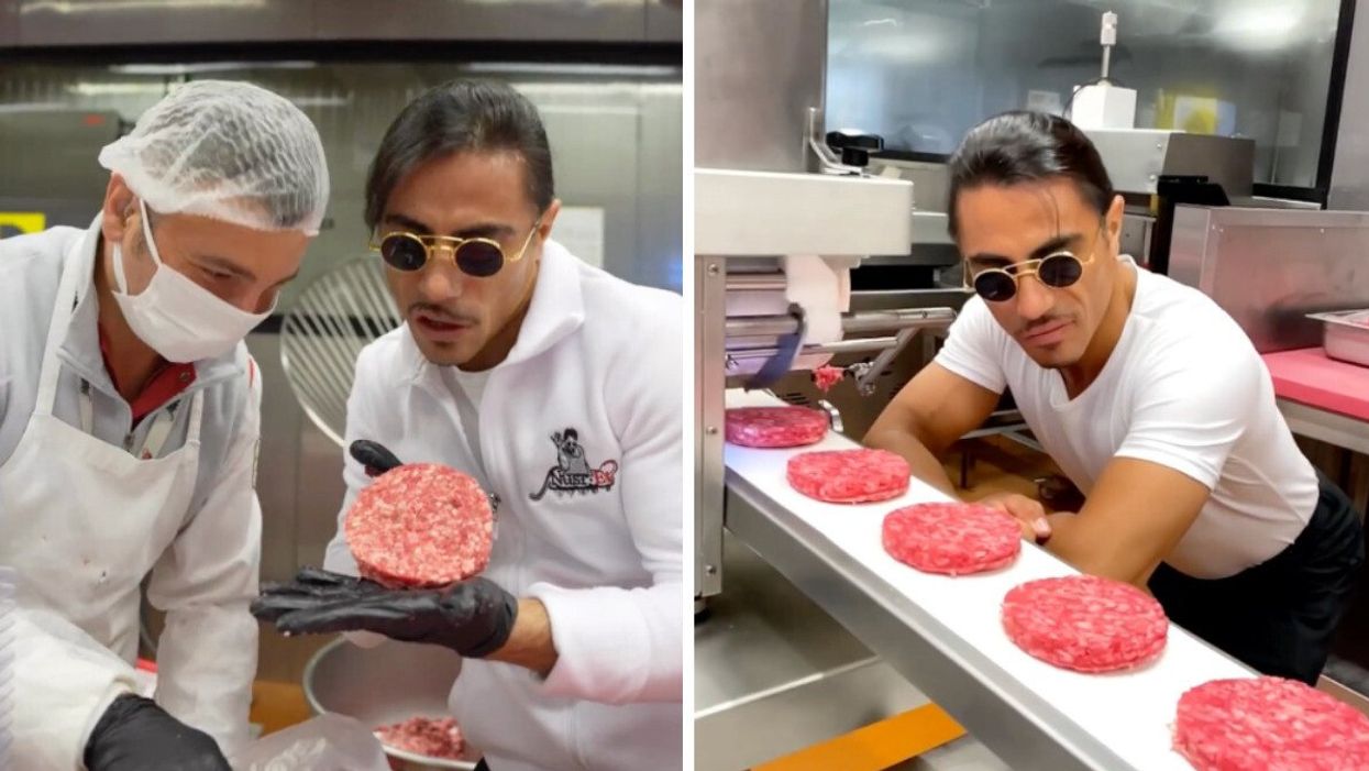 Salt Bae working on the burger patties.