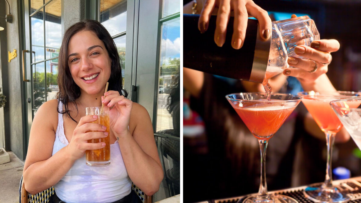 Sam Doll with a drink. Right: Bartender mixing a drink.