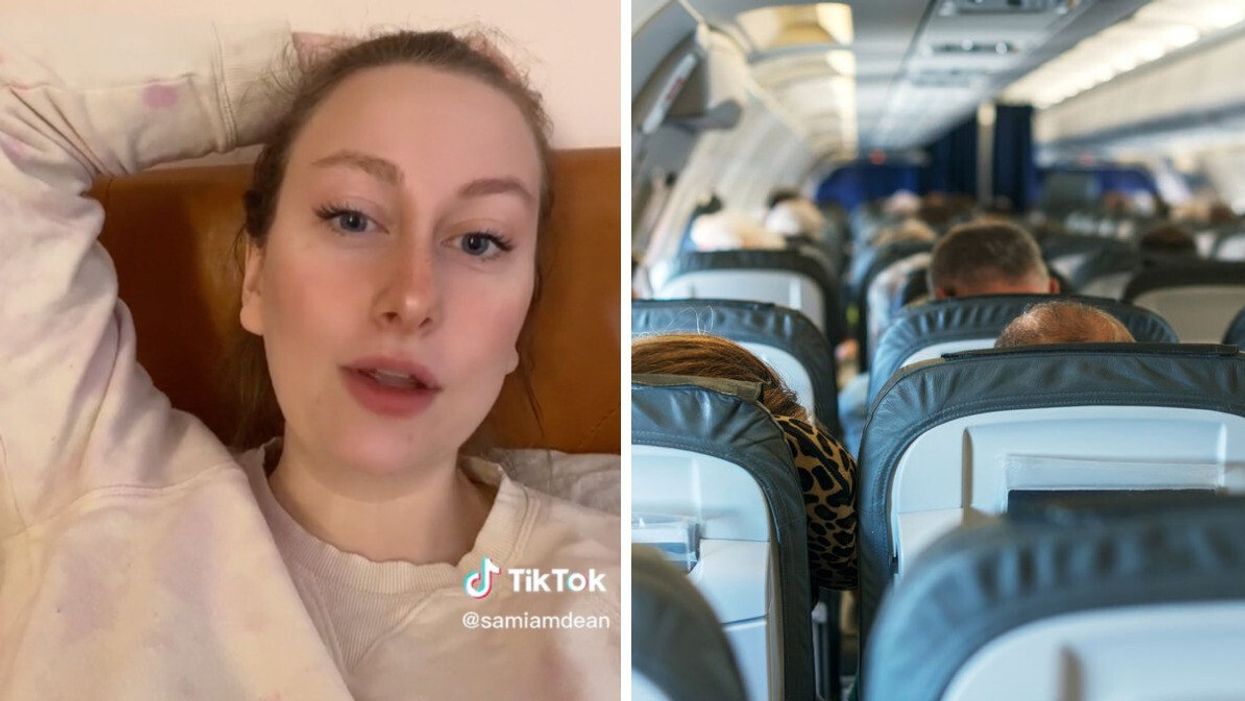 Sam sharing her hack on her viral TikTok. Right: people sitting in an airplane.