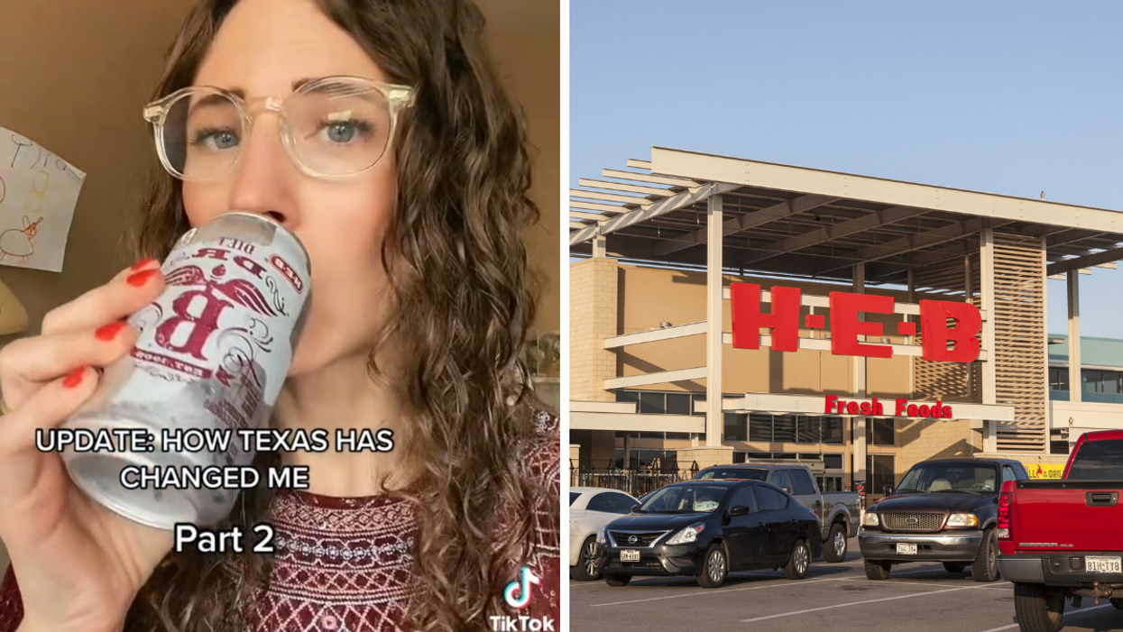 Sam Speiller drinking a Dr. B drink in a TikTok. Right: The exterior of an H-E-B grocery store in Texas.