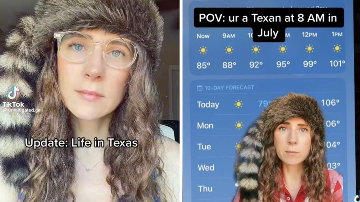 Sam Speiller wearing a coonskin hat in a TikTok. Right: Speiller talking about Texas weather in a TikTok.