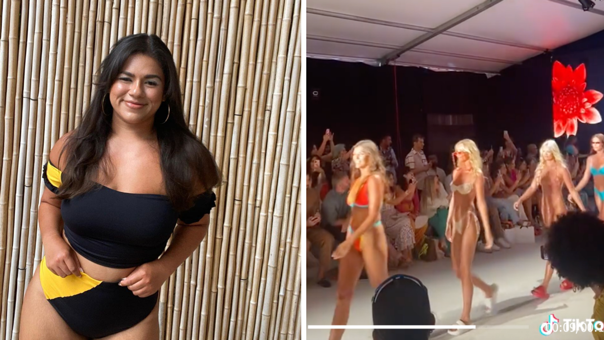 Samantha Atherly in a swimsuit for Swim Week. Right: The models on the runway at Swim Week.