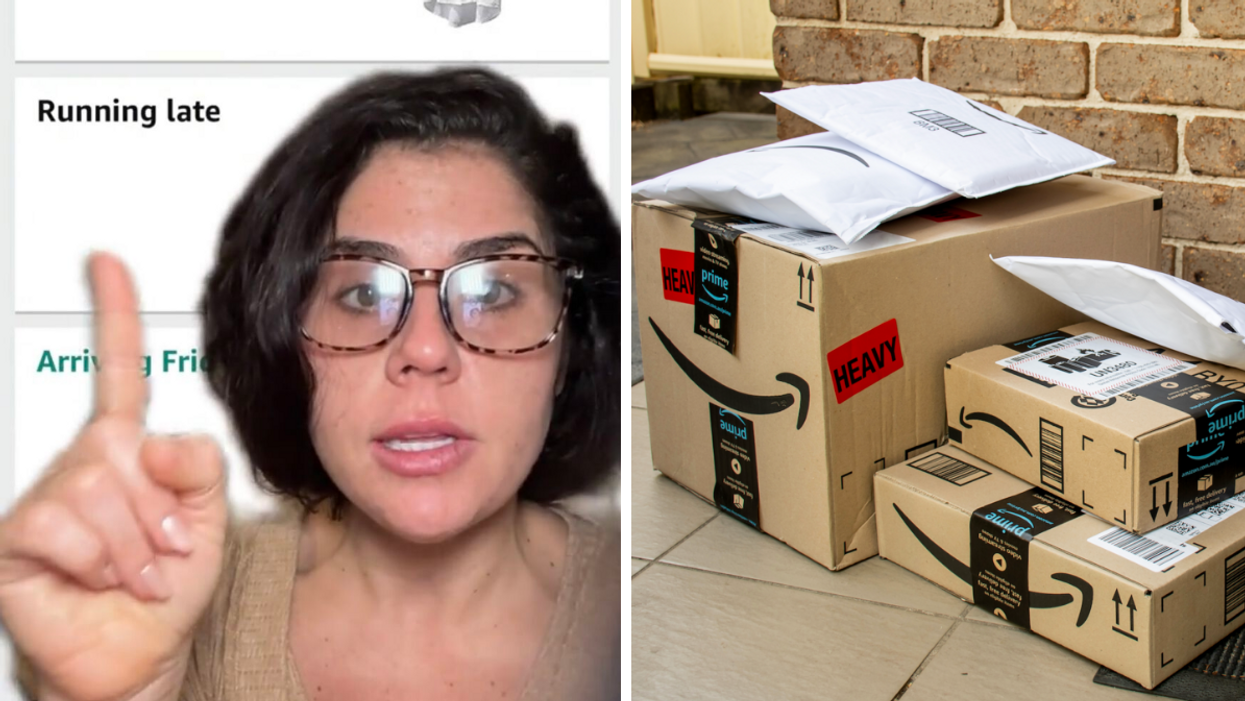 Samantha Christopolis in her viral TikTok. Right: Amazon deliveries on a doorstep.