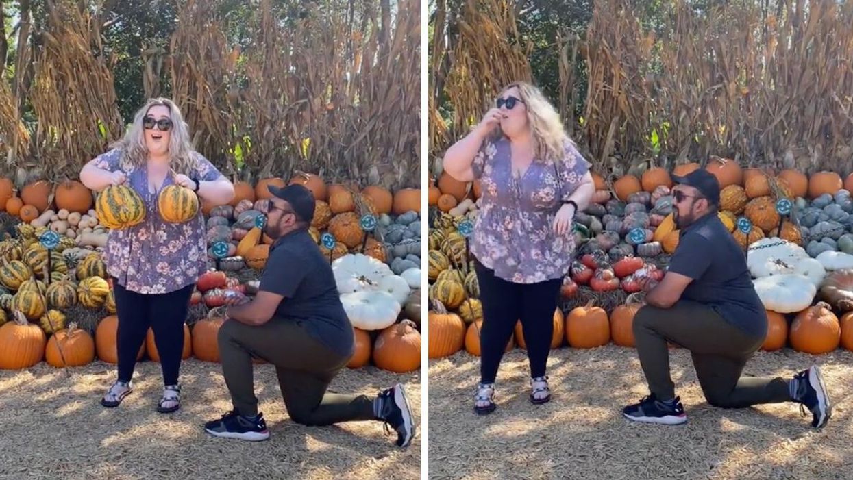 Samantha Rhea holding two pumpkins as if they were "pumpkin boobs." Right: Rhea after noticing the marriage proposal.