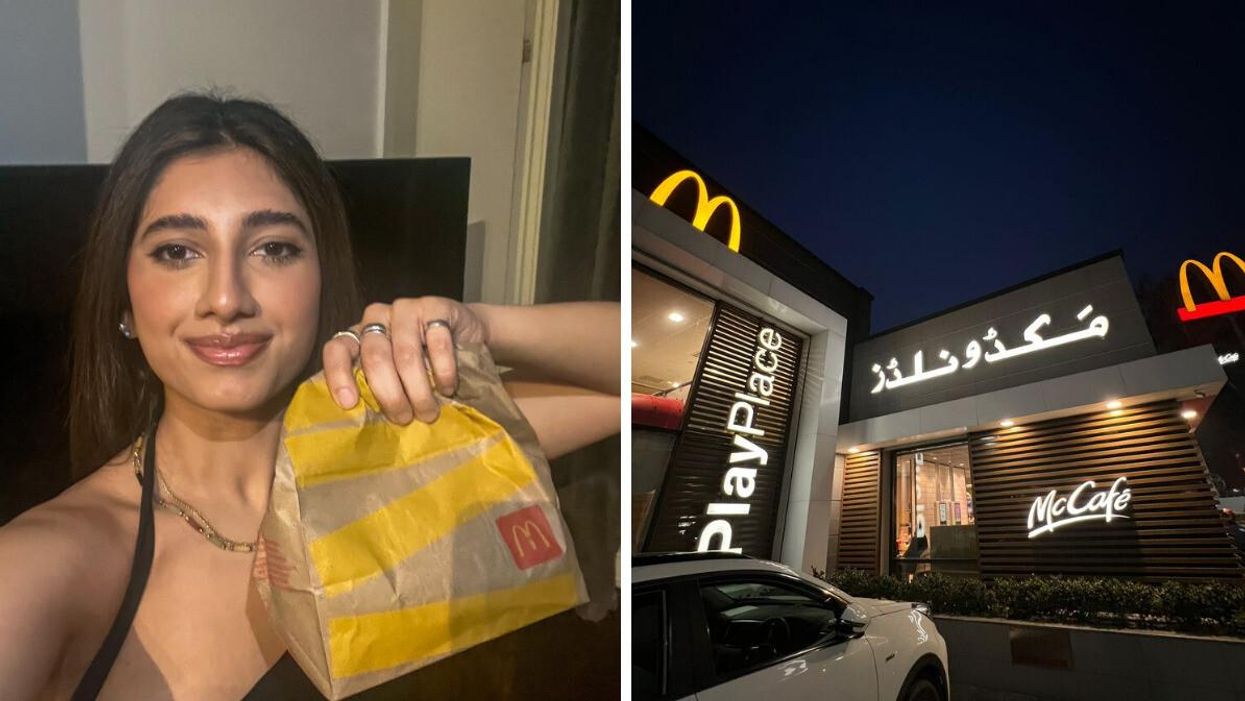 Sameen Chaudhry with a McDonalds bag. Right: The outside of McDonalds in Pakistan.
