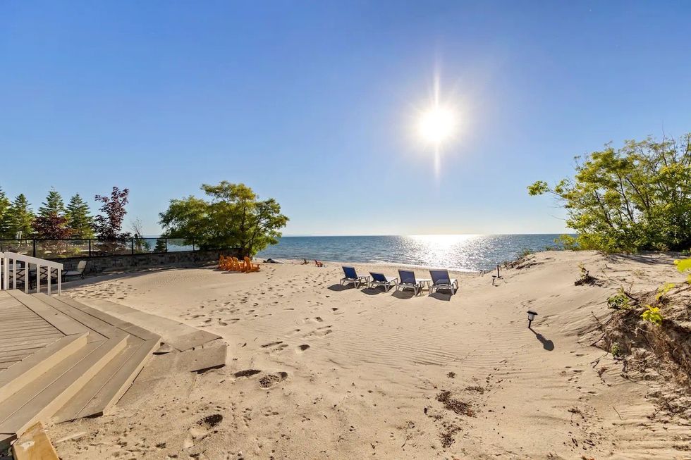 Sand shores and water.