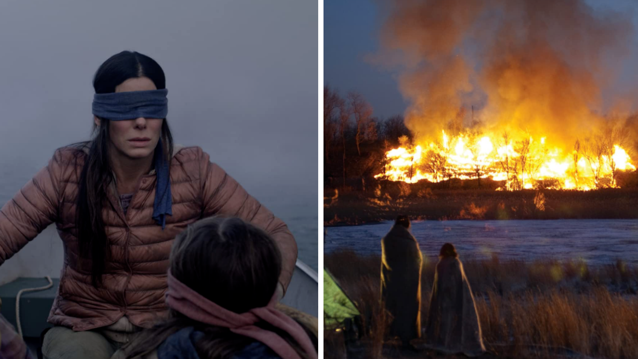Sandra Bullock in 'Bird Box.' Right: A scene from 'The Road.'