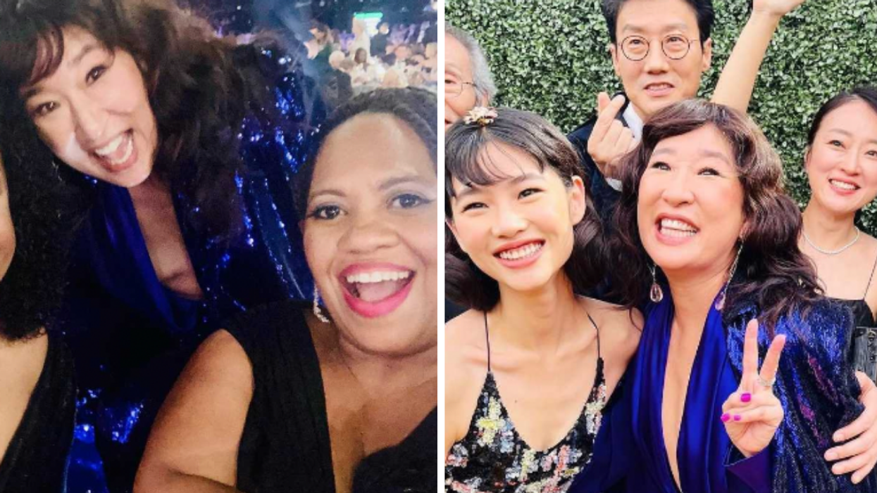 Sandra Oh with Chandra Wilson at the Emmys. Right: Sandra Oh with the cast of Squid Game.