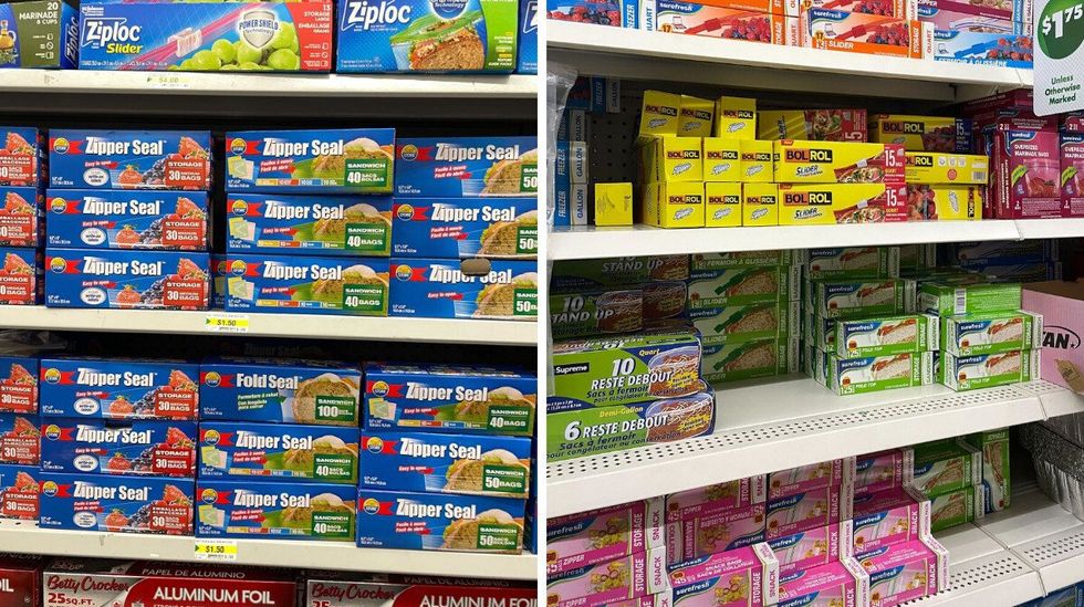 sandwich and snack bags on shelves at dollarama. right: sandwich and snack bags on shelves at dollar tree