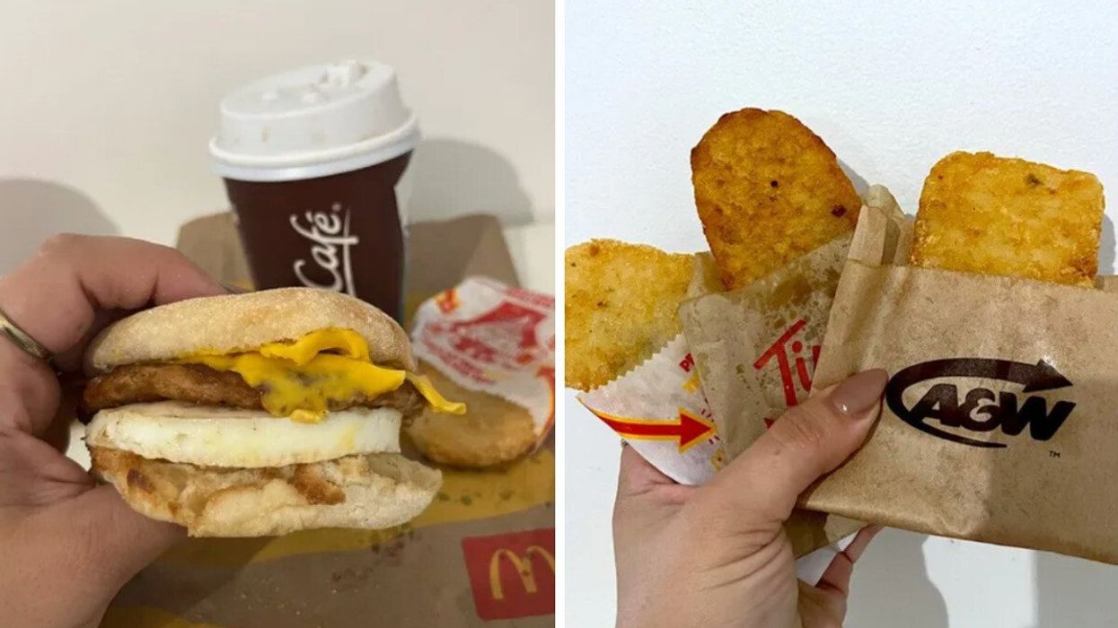 Sandwich déjeuner du McDo. Droite: 3 patates déjeuner de chaînes de restauration rapide.