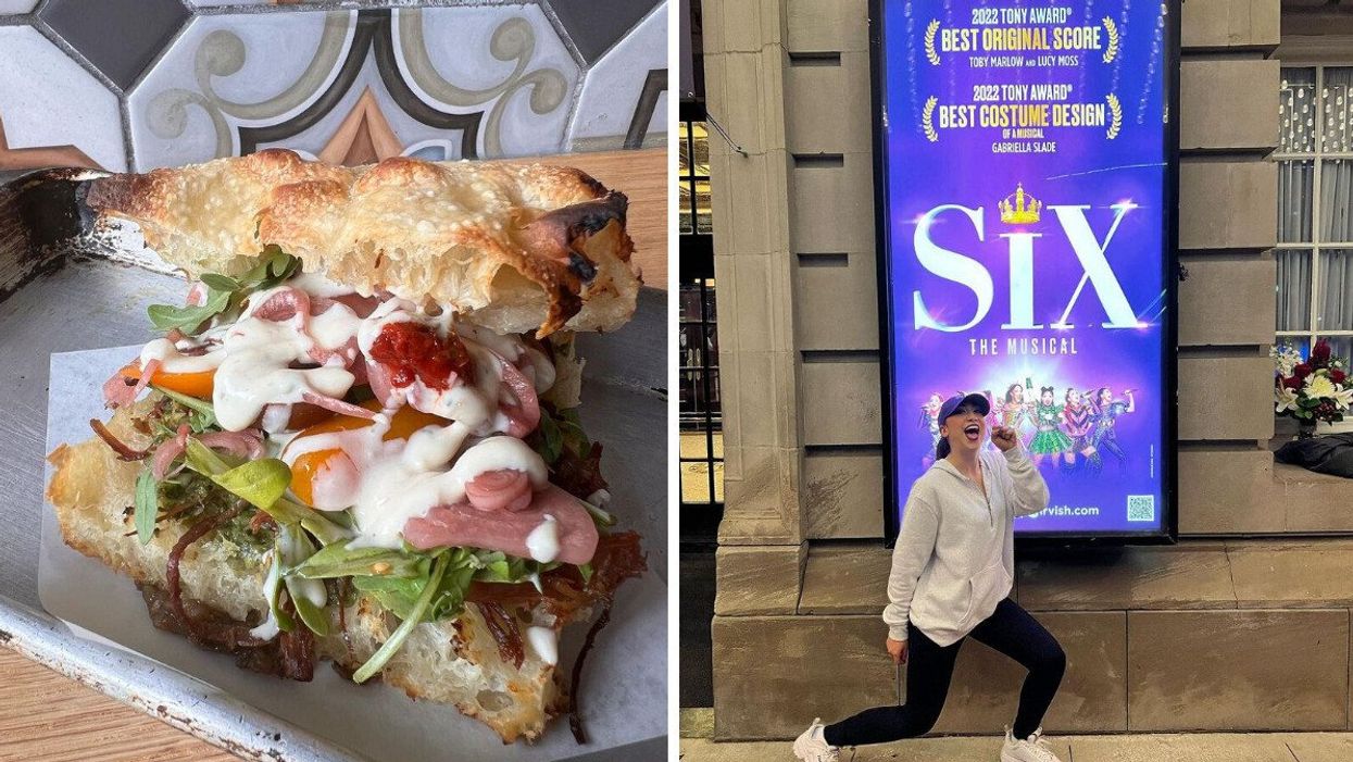 sandwich from levant pizza. right: 'six the musical' cast member in toronto