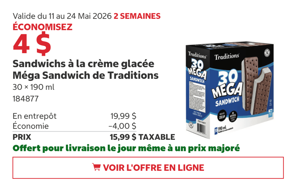Sandwichs \u00e0 la cr\u00e8me glac\u00e9e M\u00e9ga Sandwich Traditions (30 x 190 ml) au Costco.