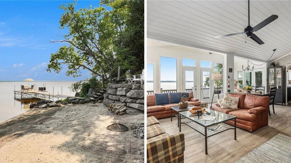 Sandy beach in the backyard of the house for sale. Right: Living room with water views.