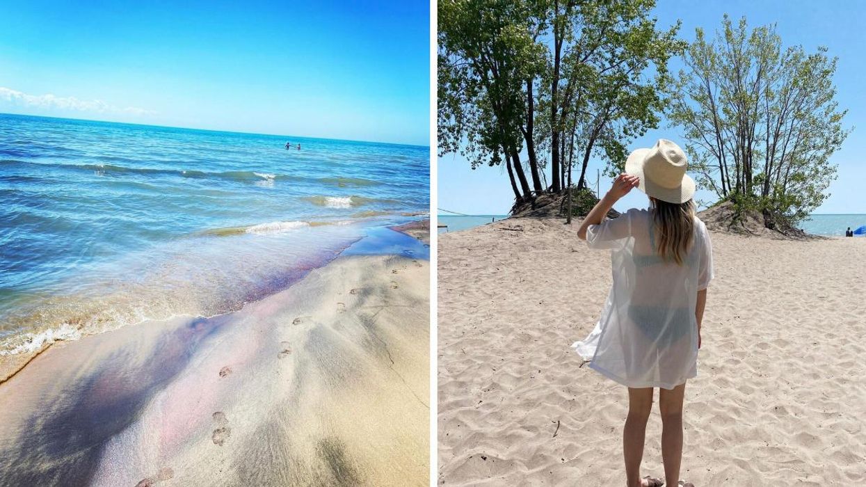 Sandy beach with blue water. Right: Woman standing on white sand.