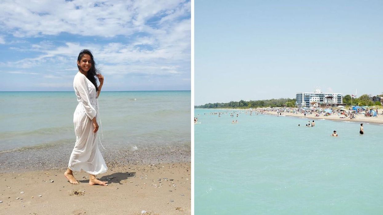 Sandy beach with turquoise waters on Lake Huron, Ontario.