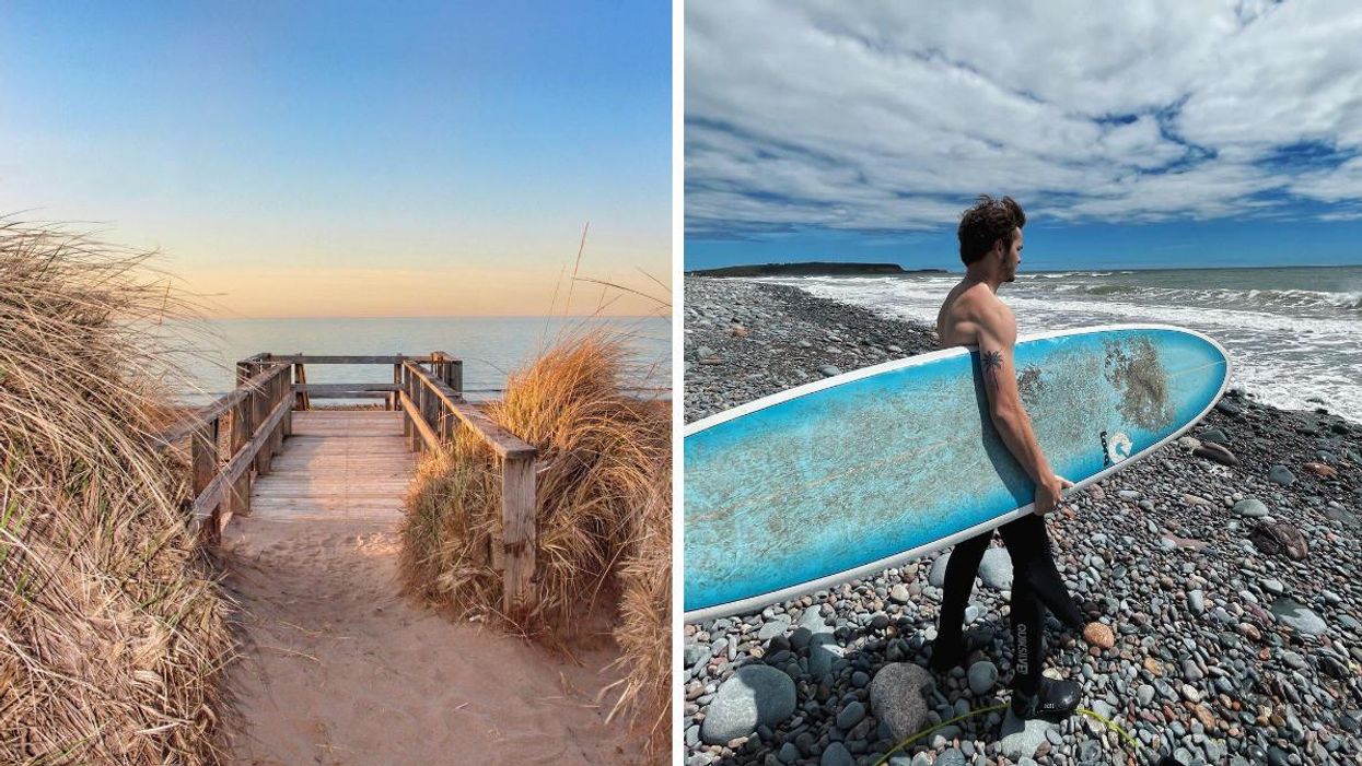 Sandy boardwalk leading to the ocean at Melmerby Beach. Right: Person holding a surfboard at Lawrencetown Beach.