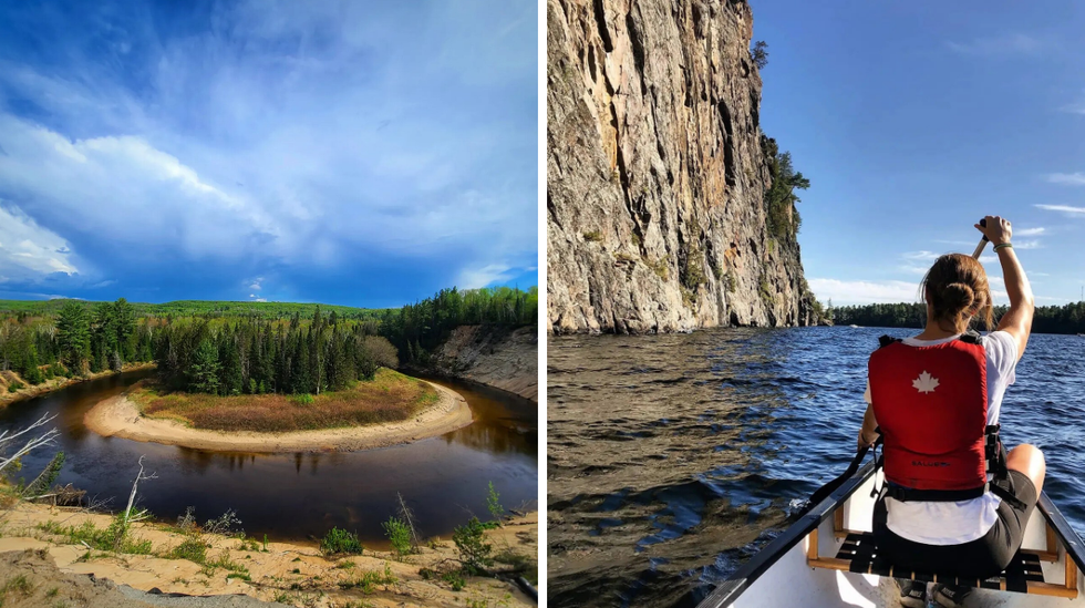Sandy island in Arrowhead Provincial Park. Right: Canoeing past cliffs in Bon Echo Provincial Park.